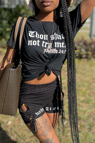 Black Casual Print Hollowed Out O Neck Two Pieces