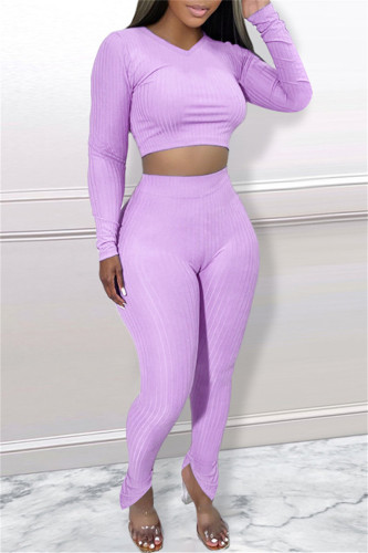 Purple Casual Solid Patchwork V Neck Long Sleeve Two Pieces