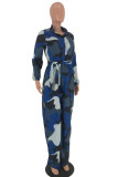 Blauwe Casual Camouflage Print Patchwork Turndown Kraag Plus Size Jumpsuits