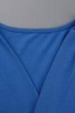 Blå Sexig Solid Patchwork Frenulum Slit V-hals långärmad två delar