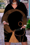 ブラック オレンジ ファッション カジュアル プリント パッチワーク V ネック ロング スリーブ ドレス