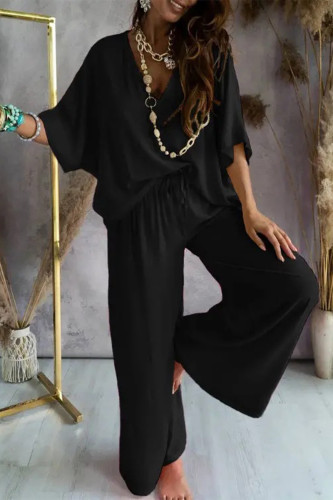 Black Casual Print Patchwork V Neck Half Sleeve Two Pieces
