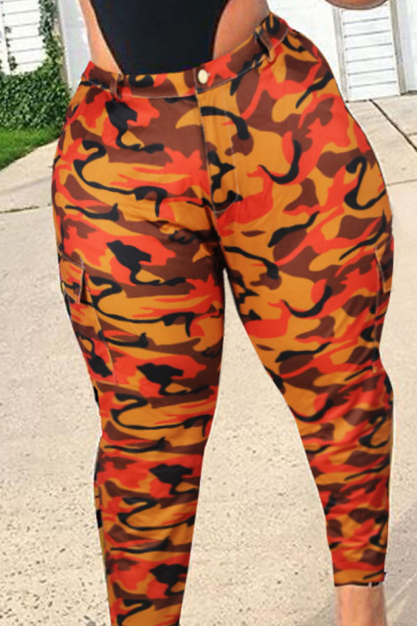Pantaloni taglie forti patchwork con stampa mimetica casual arancione
