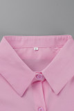 ピンク カジュアル シンプル ソリッド パッチワーク バックル ターンダウン カラー 長袖 ツーピース