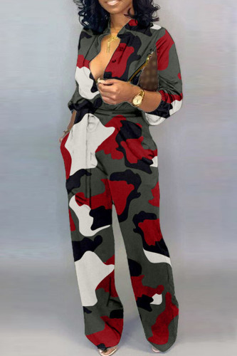 Combinaisons casual camouflage imprimé patchwork col rabattu grande taille rouge