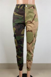 Armégrön Casual Camouflage Print Patchwork Vanliga byxor med hög midja