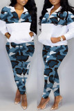 Gele Casual Camouflage Print Patchwork Rits Kraag Plus Size Two Pieces