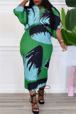 Falda de lápiz con cuello en V y patchwork con estampado casual verde Vestidos de talla grande