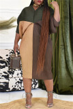 ブラウン カジュアル プリント パッチワーク V ネック ペンシル スカート プラス サイズ ドレス