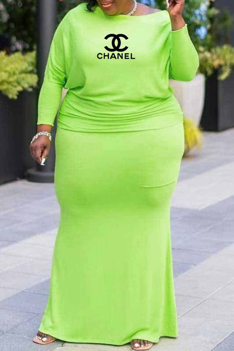 

Fluorescent Green Casual Print Letter O Neck Plus Size Dresses