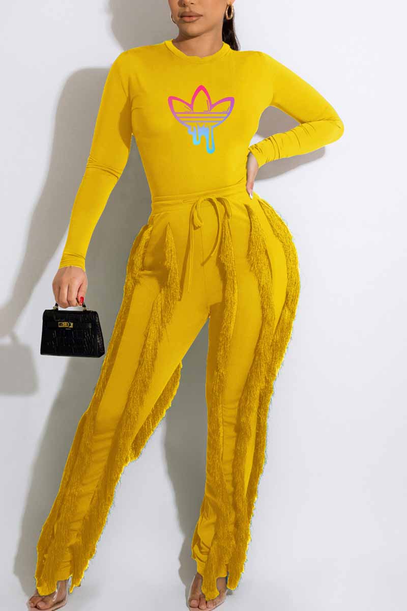 

Yellow Street Print Tassel O Neck Long Sleeve Two Pieces