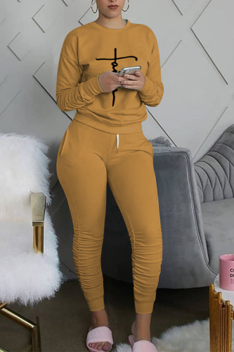 Apricot Casual Print Fold O Neck Long Sleeve Two Pieces