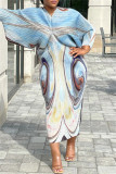 Голубая повседневная юбка-карандаш с принтом в стиле пэчворк и V-образным вырезом Платья больших размеров