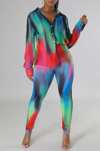 Blue Casual Print Patchwork Turndown Collar Long Sleeve Two Pieces
