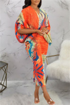 Saia lápis laranja com estampa casual patchwork decote em v vestidos plus size
