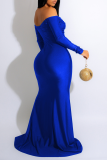 Синие сексуальные однотонные лоскутные платья с открытыми плечами и русалкой