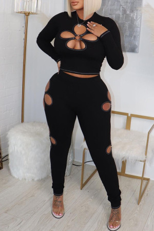 Black Sexy Solid Hollowed Out Patchwork O Neck Long Sleeve Two Pieces