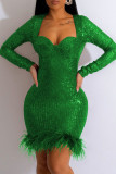 Groene sexy patchwork pailletten veren vierkante kraag jurken met lange mouwen