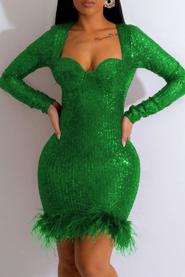 Grüne sexy Patchwork-Pailletten-Federn-langärmlige Kleider mit quadratischem Kragen