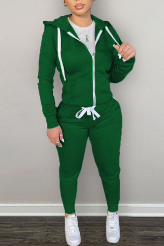 Green Casual Solid Patchwork Hooded Collar Long Sleeve Two Pieces