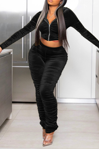 Black Street Solid Fold Hooded Collar Long Sleeve Two Pieces