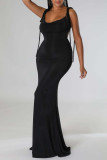 Черное сексуальное однотонное длинное платье в стиле пэчворк с открытой спиной на тонких бретелях
