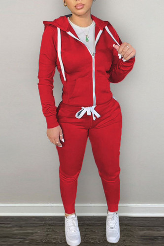 Red Casual Solid Patchwork Hooded Collar Long Sleeve Two Pieces