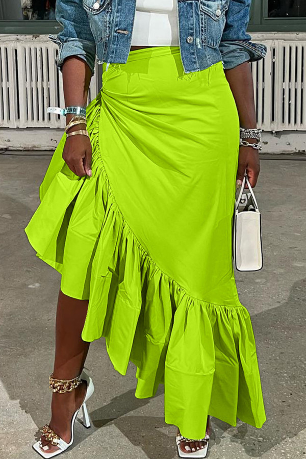 Falda casual de patchwork sólido asimétrico regular de cintura alta verde