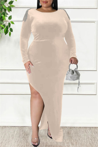 Champagne Sexy Casual Solid Patchwork Metal Accessories Decoration Backless Slit O Neck Long Sleeve Plus Size Dresses