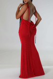 赤のセクシーなソリッド パッチワーク バックレス スパゲッティ ストラップ ロング ドレス ドレス