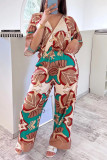 Brown Casual Print Patchwork V Neck Loose Jumpsuits