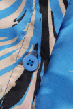 ブルーファッションカジュアルプリントパッチワークバックルターンダウンカラー長袖ツーピース