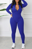 Blue Casual Solid Patchwork Zipper Collar Skinny Jumpsuits