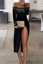 Zwarte sexy formele patchwork bronzing backless split off-shoulder jurken met lange mouwen
