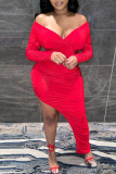 Rote sexy feste Patchwork-Schlitz-Bleistiftrock-Kleider mit V-Ausschnitt