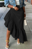 Black Casual Solid Patchwork Asymmetrical Regular High Waist Skirt