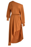 ブラウン カジュアル ソリッド パッチワーク 非対称 斜めカラー ドレス