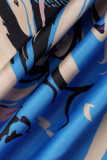 Azul Moda Casual Imprimir Patchwork Hebilla Turndown Collar Manga larga Dos piezas