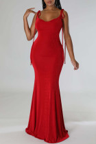 Красное сексуальное однотонное длинное платье в стиле пэчворк с открытой спиной и бретельками
