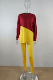 Red Yellow Casual Solid Patchwork Slit O Neck Long Sleeve Two Pieces