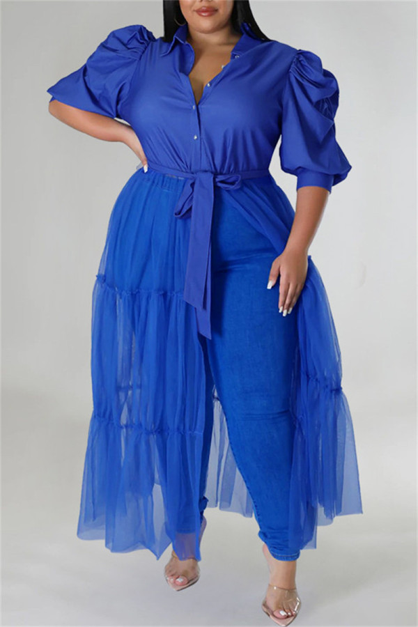 Синее повседневное платье-рубашка большого размера в стиле пэчворк с воротником-рубашкой