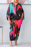 Robes de grande taille rose jupe crayon col V imprimé patchwork décontracté
