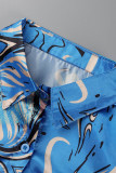 Colarinho azul moda casual estampa patchwork fivela virada para baixo manga longa duas peças