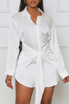 Белое повседневное однотонное платье-рубашка в стиле пэчворк с отложным воротником и пряжкой в ​​стиле пэчворк Платья