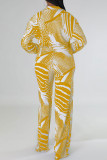 Желтый Повседневный С принтом Бинты Пэчворк V-образный вырез Длинный рукав Из двух частей