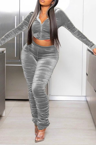 Grey Street Solid Fold Hooded Collar Long Sleeve Two Pieces