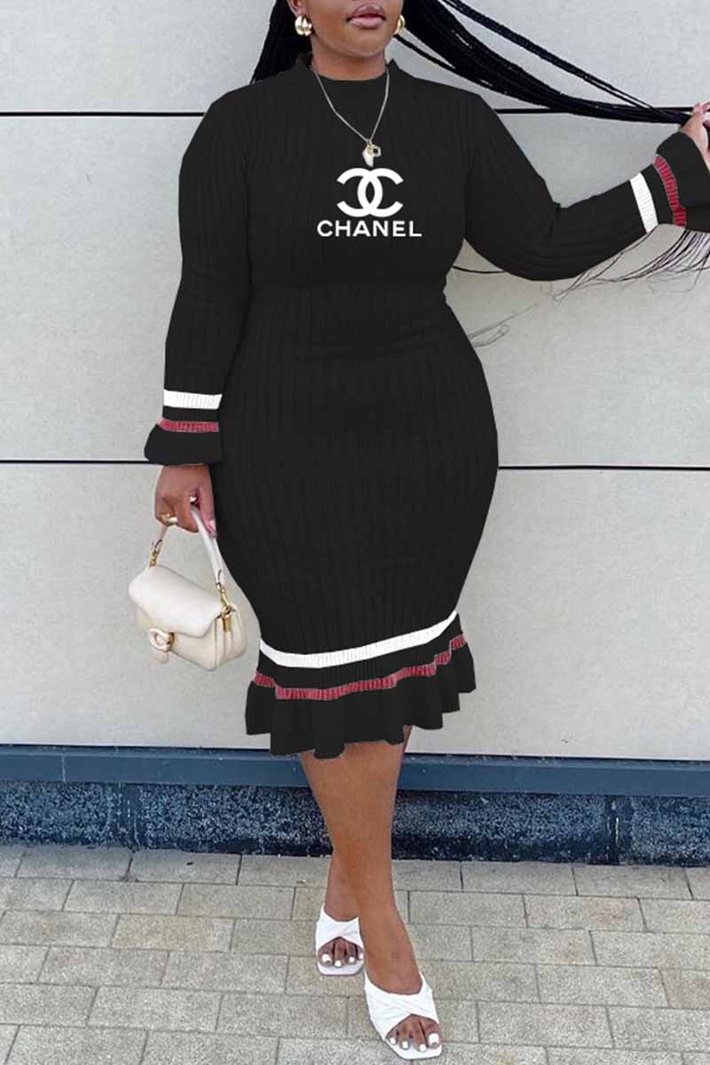 

Black Elegant Print Patchwork Letter O Neck Lantern Skirt Plus Size Dresses