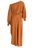 ブラウン カジュアル ソリッド パッチワーク 非対称 斜めカラー ドレス