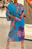 イエロー グレー カジュアル プリント パッチワーク V ネック ペンシル スカート プラス サイズ ドレス