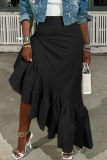 Черная повседневная однотонная асимметричная юбка в стиле пэчворк с высокой талией